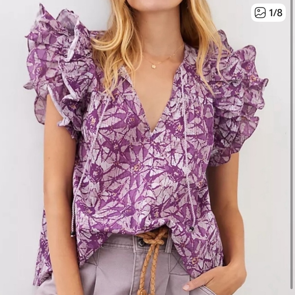 Love the Label Ruffle V-Neck Cotton Tasseled Blouse Bobo Starlight Purple XS